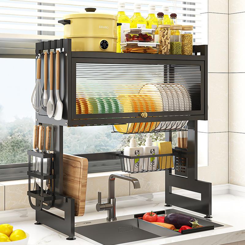 Countertop Kitchen Sink Draining Rack Dish Rack Cupboard with Cabinet Door Dustproof Adjustable Storage Rack Sink Storage Cabinet