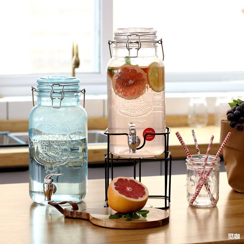 juice jar 4l thickened glass fermentation barrel household beverage barrel sealed glass jar iron frame with faucet wine jar