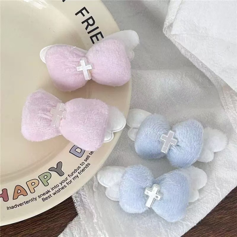  甜妹可爱甜酷蓝色粉色蝴蝶结毛绒天使翅膀十字架辣妹亚文化设计原宿风可爱动漫刘海碎发头饰女发夹边夹