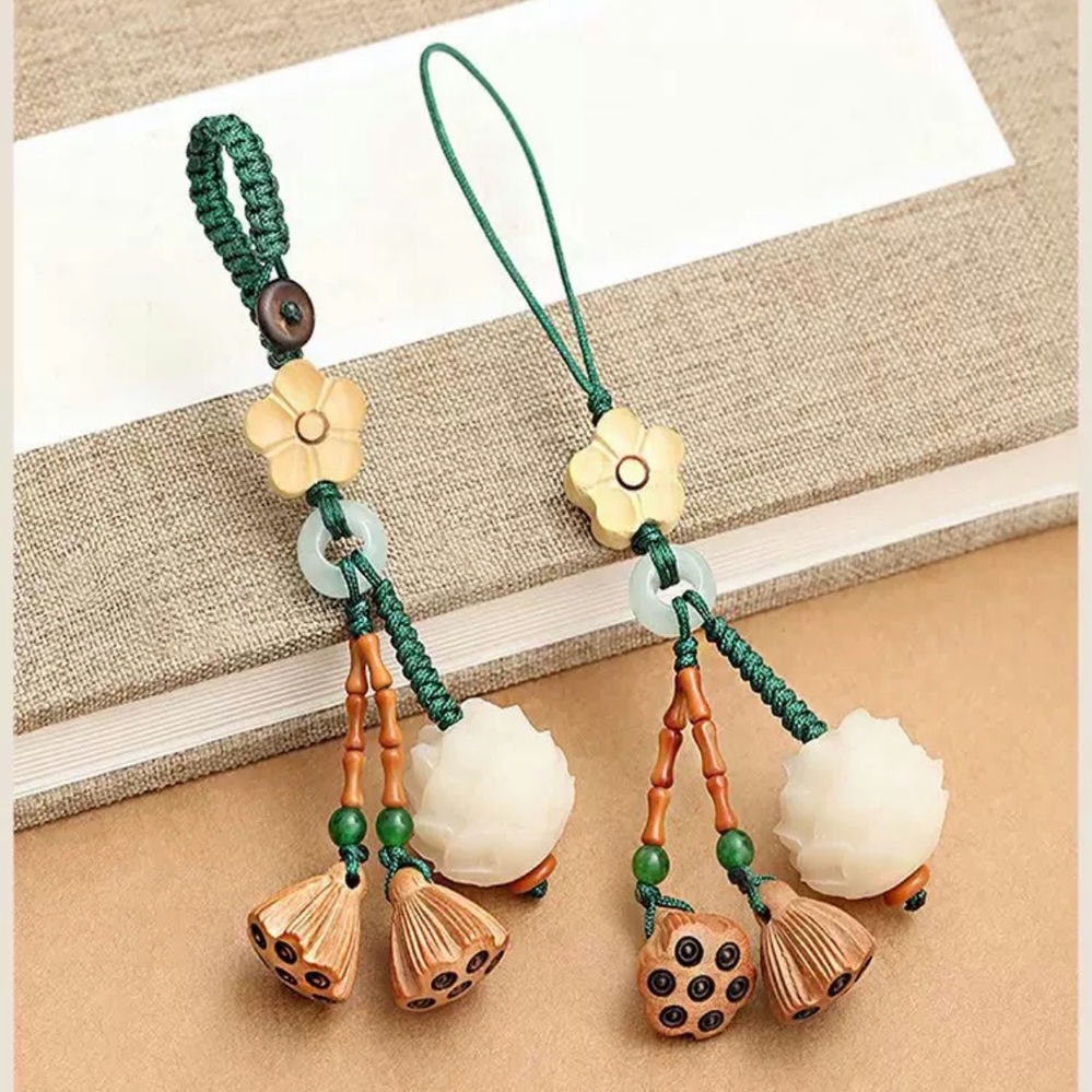 Natural Bodhi root carved lotus money bag, olive bamboo joint, good things happen, lotus friend safety bag, hanging mobile phone chain, keychain accessory, keychain for girls 2024, cute keychain Item Picture