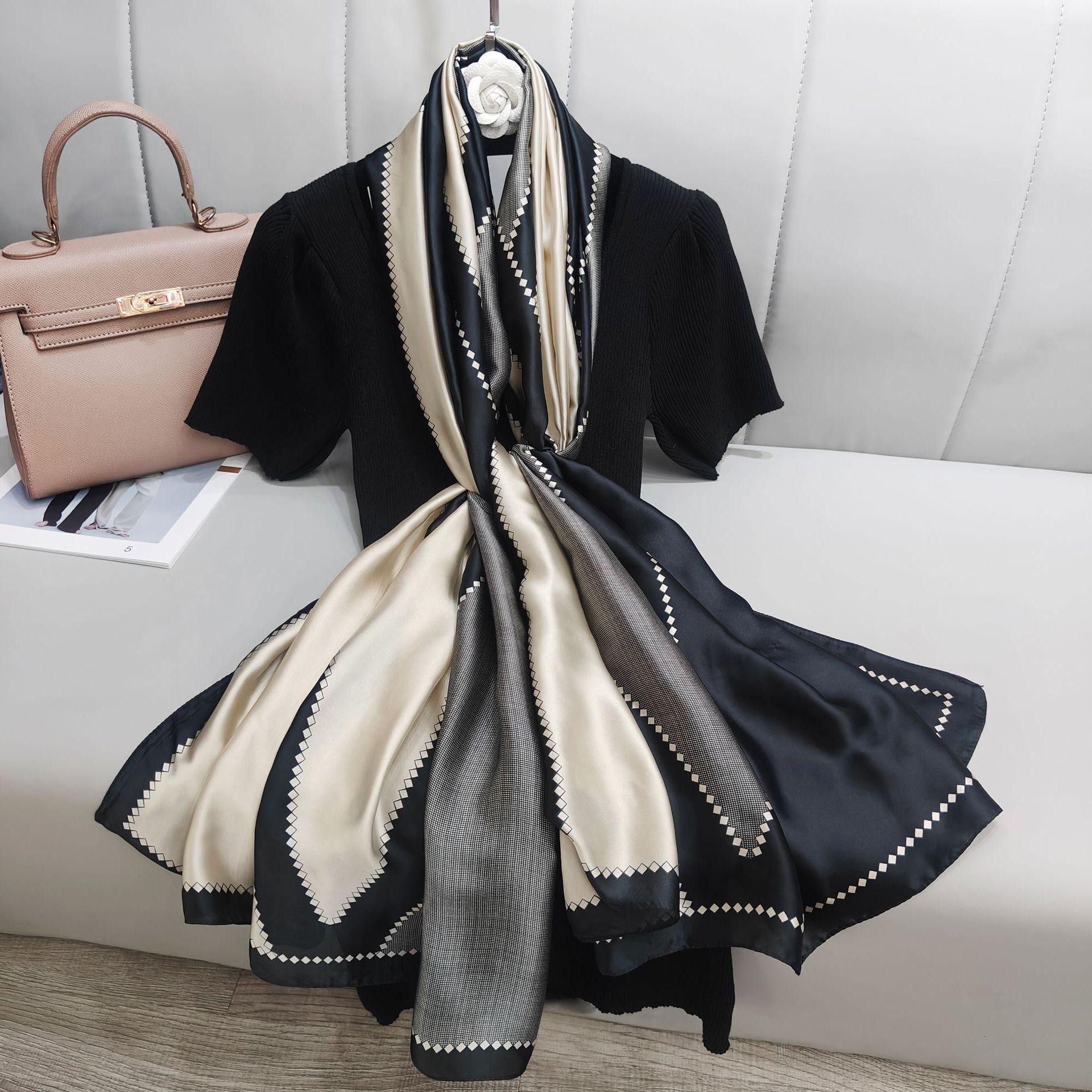 new silk satin spring and autumn thin travel long silk scarf geometric color matching fashion vacation sunscreen shawl women's beach towel details Picture