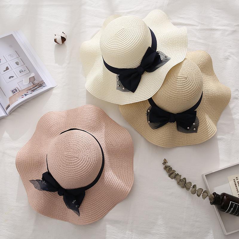 Korean Style Casual Foldable Beach Sun Protection Straw Hat Spring and Summer Vacation Travel Lady Pearl Bow Straw Hat
