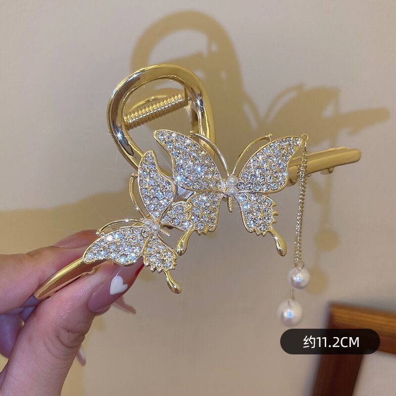 Butterfly large grabber women's summer hair clip, high-end tassel hair clip, elegant back head updo shark clip