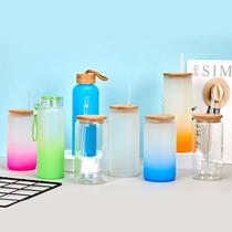 cross-border mason cup sublimation single layer thickened frosted gradient borosilicate glass jar water cup bamboo cover suction