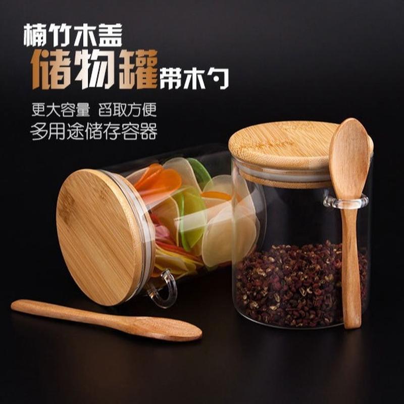 round straight glass jar bamboo cover with spoon transparent storage tank multi-purpose moisture-proof seasoning containers multigrain dried fruit storage tank