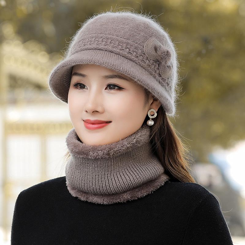 middle-aged and elderly hat female autumn and winter rabbit fur knitted bucket hat winter for the elderly and moms hat old lady hat scarf set
