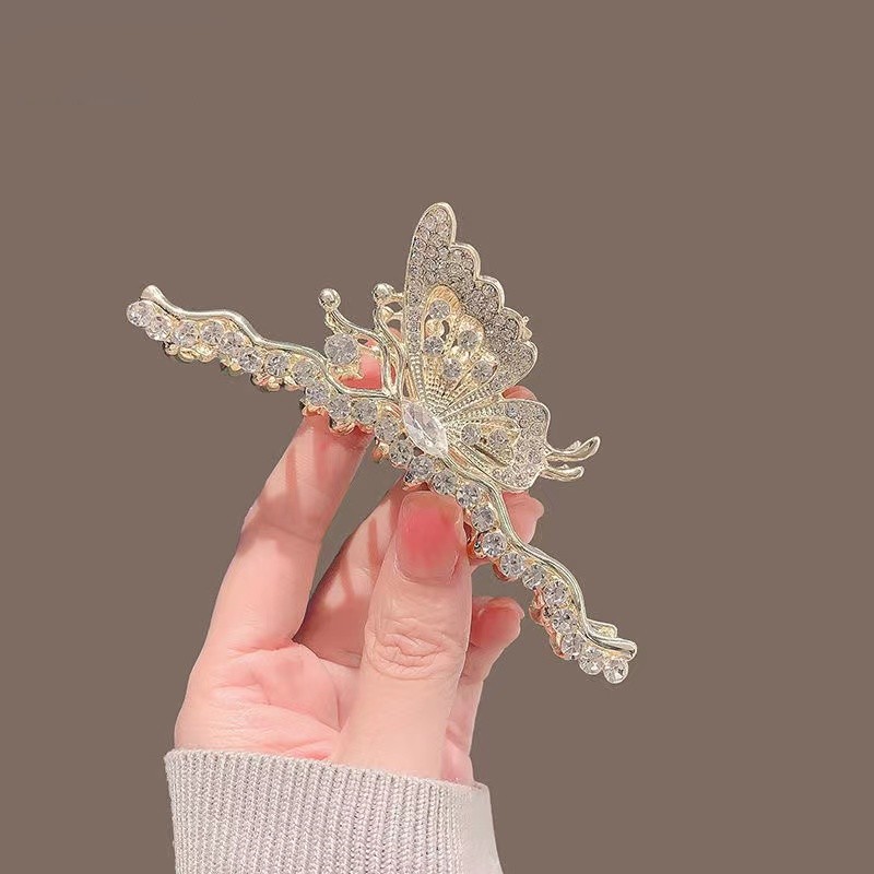 High-end, light luxury pearl water diamond butterfly grabber, women's back head plate hair clip, large shark clip headwear hair clip