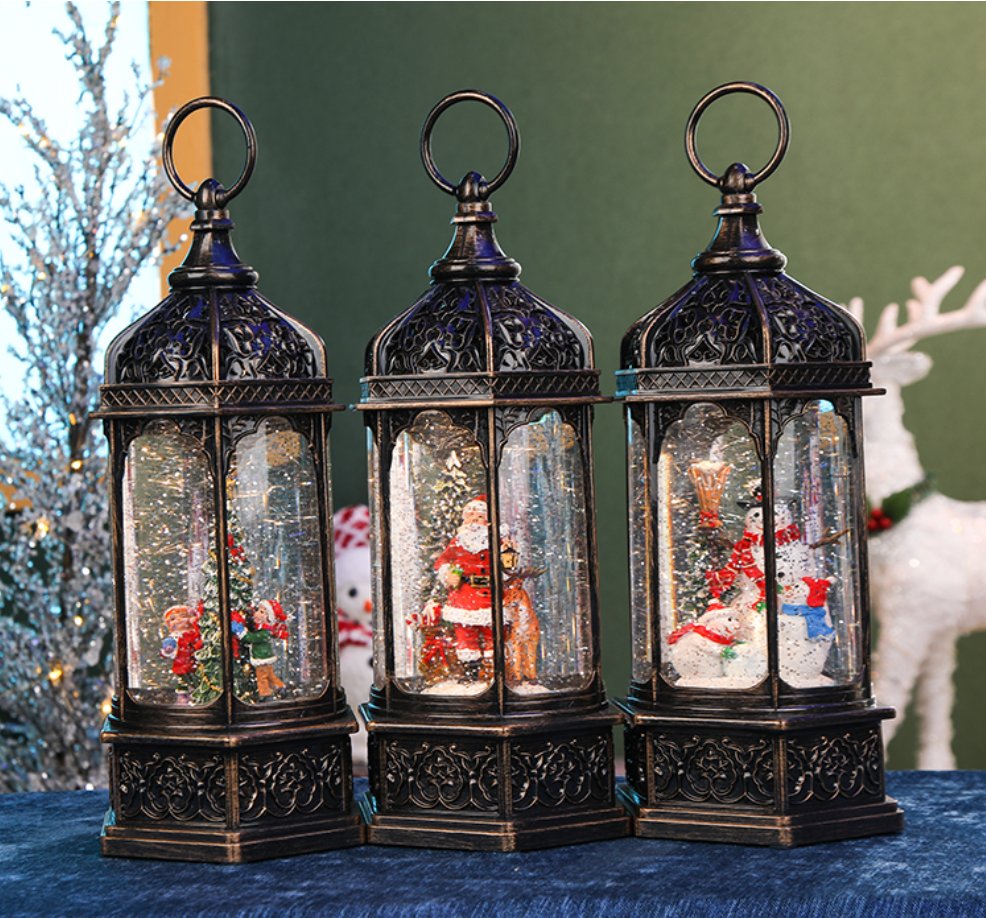Christmas hexagonal wind lantern, old man snowman decoration, snowfall scene arrangement, cross-border retro handicrafts, music box details Picture