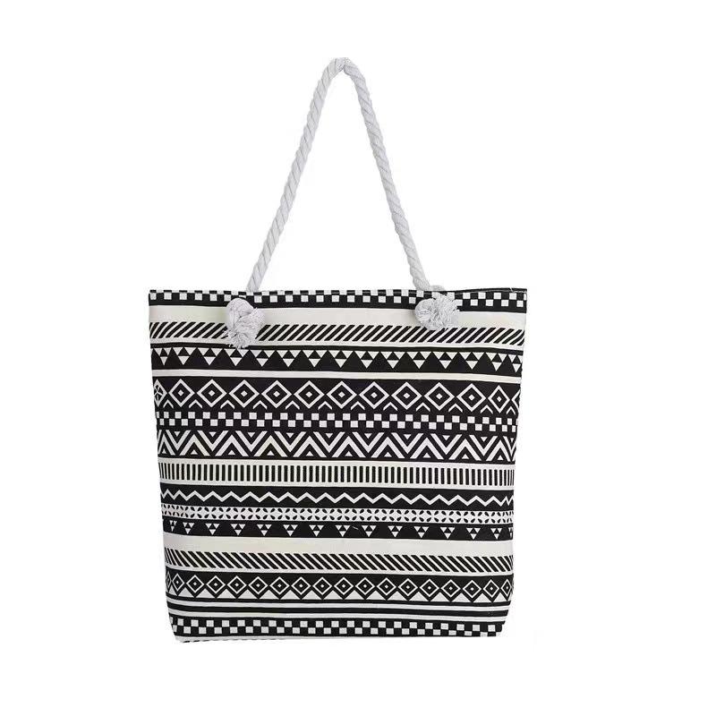 internet hot new large capacity canvas shopping bag one-shoulder portable casual fashion women's bag cotton string two-side pattern women's bag