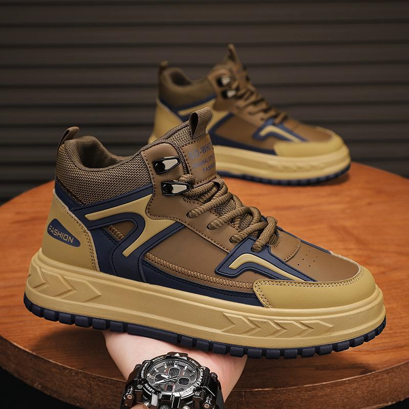 2024 autumn and winter new four seasons high-top teen board shoes leather men's shoes fashion all-match fashion shoes live hot details Picture