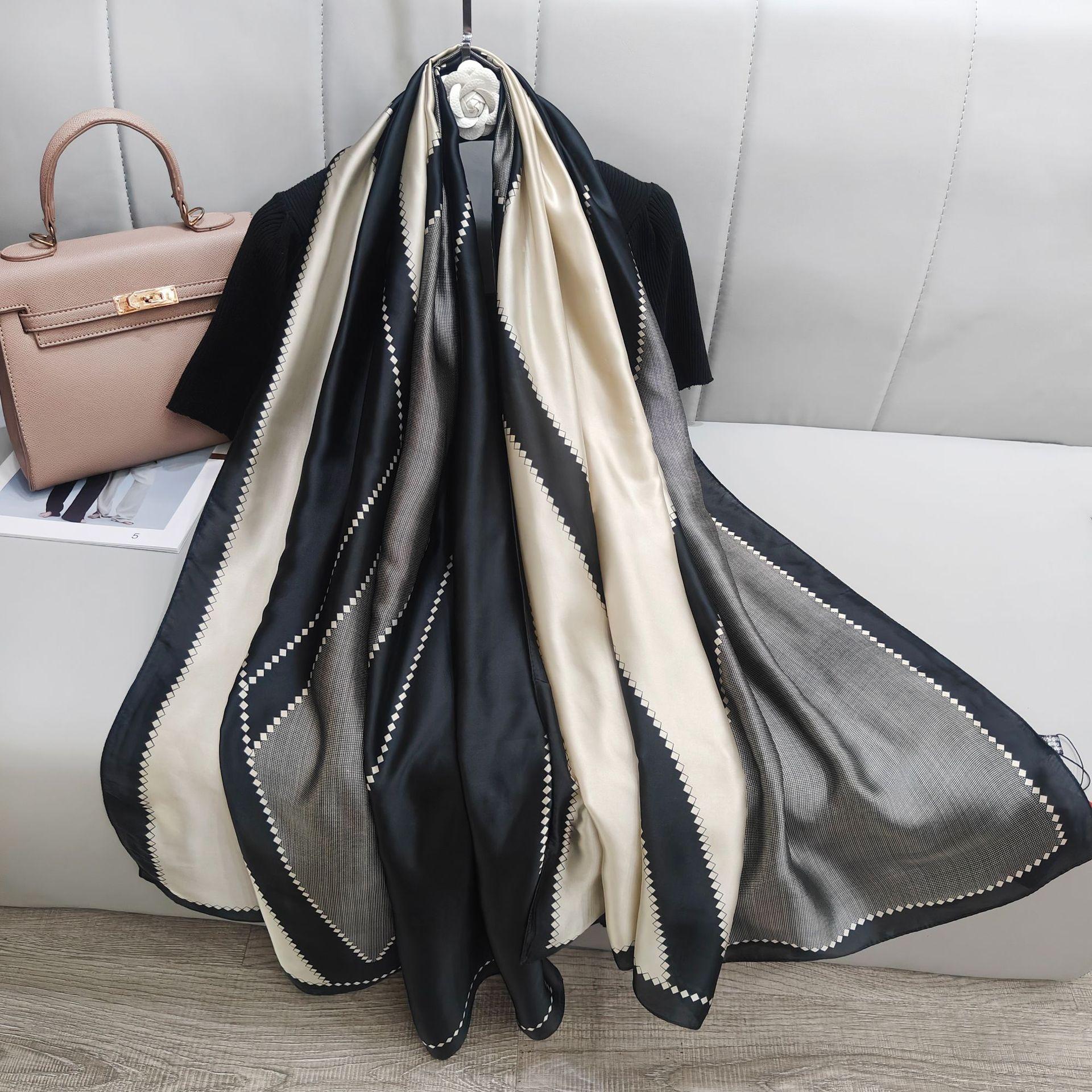 new silk satin spring and autumn thin travel long silk scarf geometric color matching fashion vacation sunscreen shawl women's beach towel full figure
