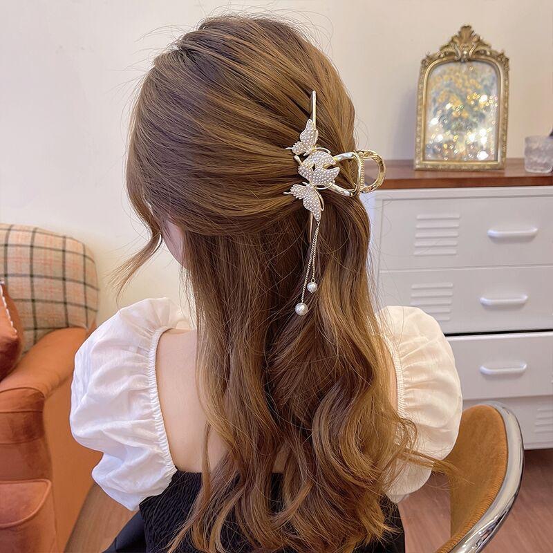 Butterfly large grabber women's summer hair clip, high-end tassel hair clip, elegant back head updo shark clip detail image 6