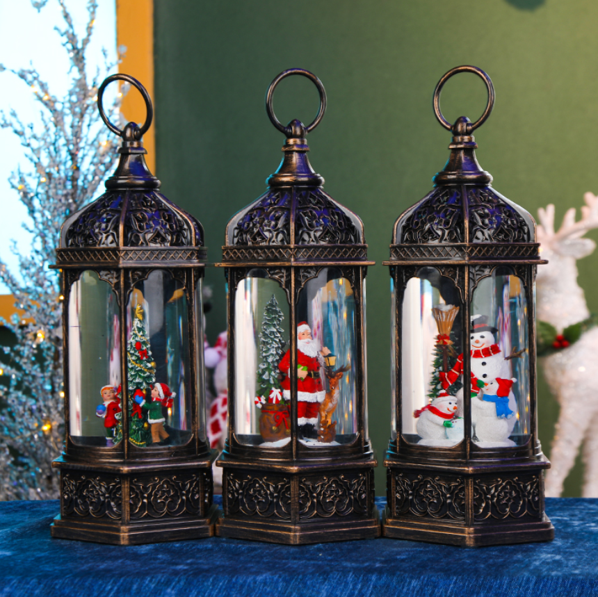 Christmas hexagonal wind lantern, old man snowman decoration, snowfall scene arrangement, cross-border retro handicrafts, music box Item Picture
