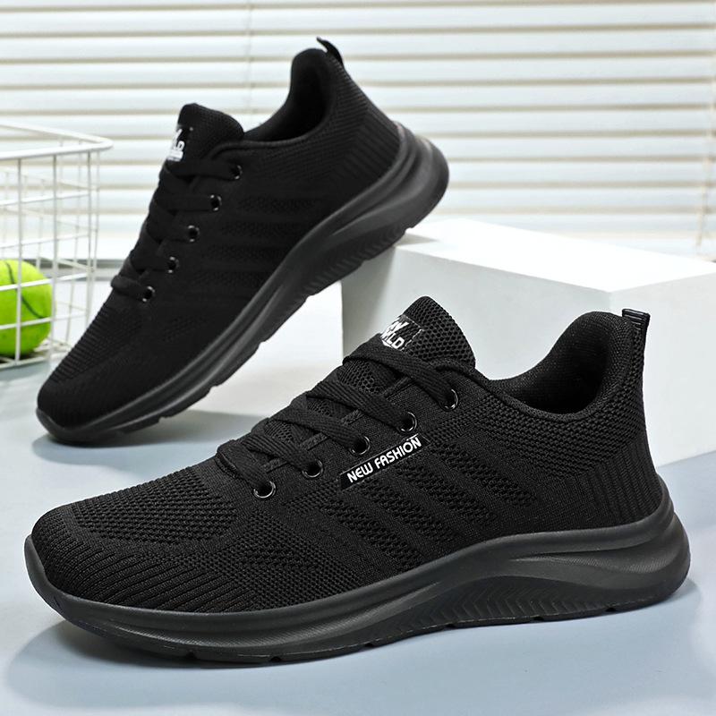 2024 autumn new simple men's shoes pure black sports leisure shoes lightweight breathable couple flying woven shoes full figure