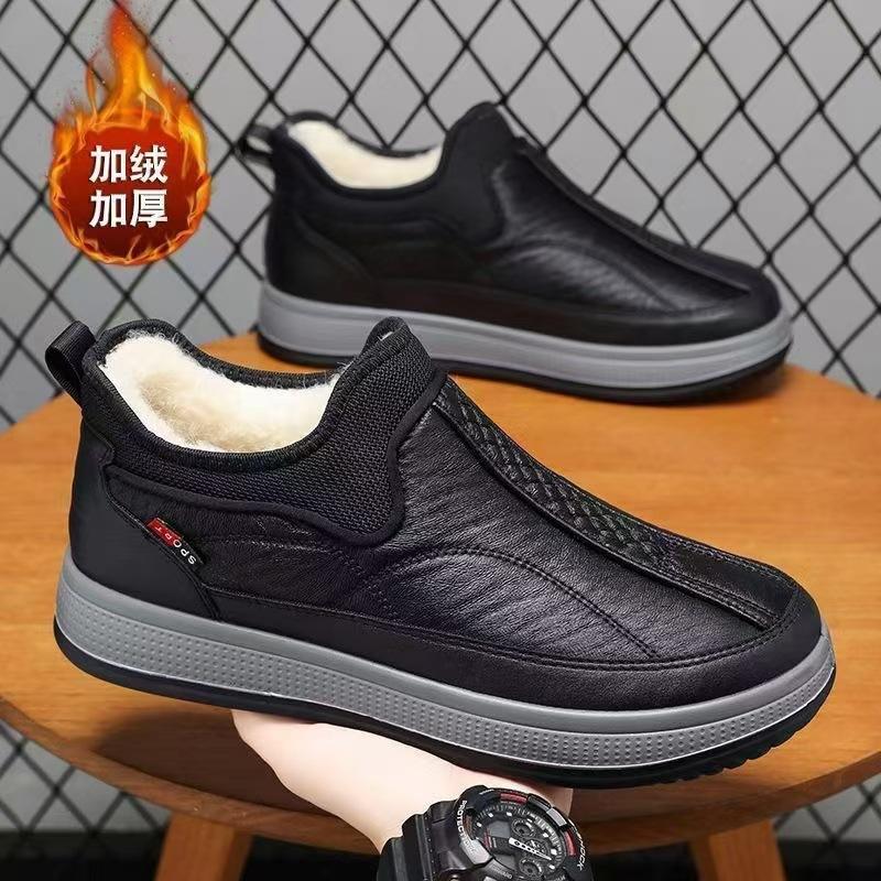 cotton shoes men's 2024 winter new old beijing leather men's shoes fleece-lined slip-on daddy's shoes for middle-aged and elderly people full figure