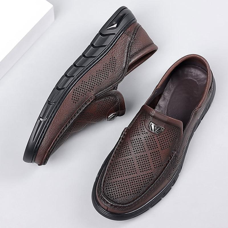 summer men's shoes slip-on sheepskin hollow-out breathable shoes men's casual leather shoes men's leather soft bottom hole shoes driving full figure