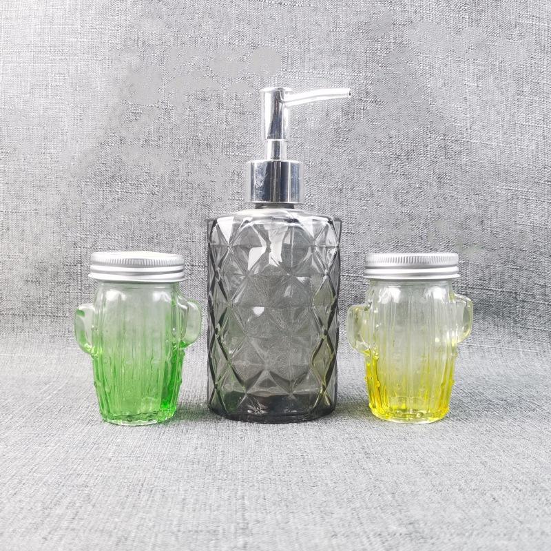 bathroom three-piece hand sanitizer color glass bottle cotton swab cotton ball small glass jar cactus color glass bottle