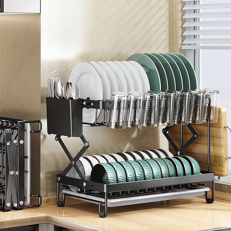 double-layer draining dish rack carbon steel multi-functional tableware draining storage foldable countertop kitchen draining dish rack