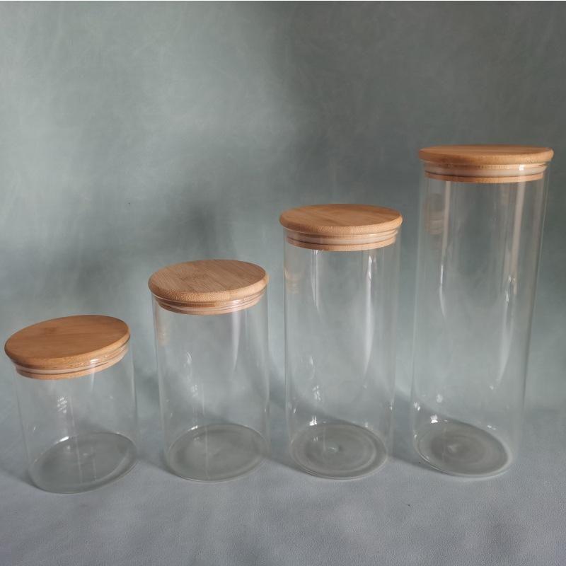 in stock diameter 100mm straight high borosilicate bottle storage tank transparent glass jar kitchen storage jar bamboo wood cover