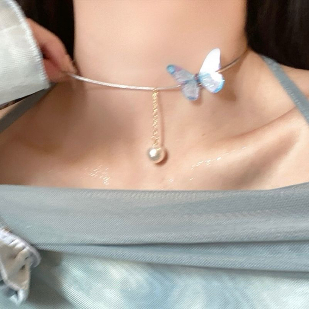  仙气清冷渐变立体颈间蝴蝶choker珍珠颈链甜美女孩小众气质高级感复古项链配饰女锁骨链