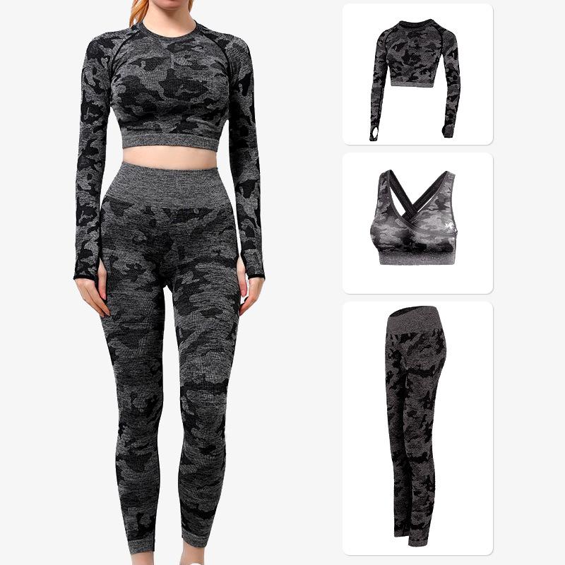 european and american camouflage seamless yoga clothes suit women's tight workout clothes top lulu high waist yoga pants sports trousers
