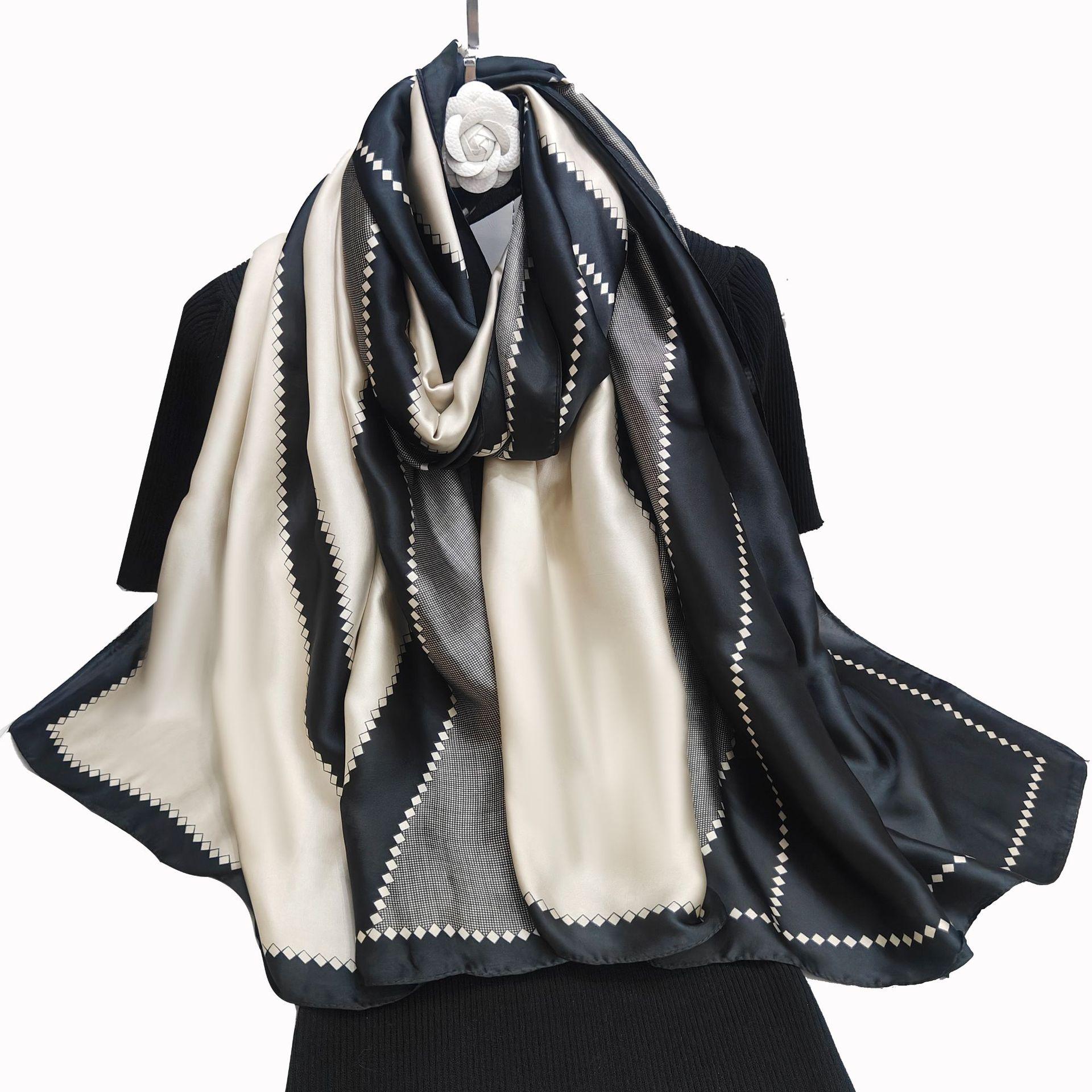 new silk satin spring and autumn thin travel long silk scarf geometric color matching fashion vacation sunscreen shawl women's beach towel Application Scenario