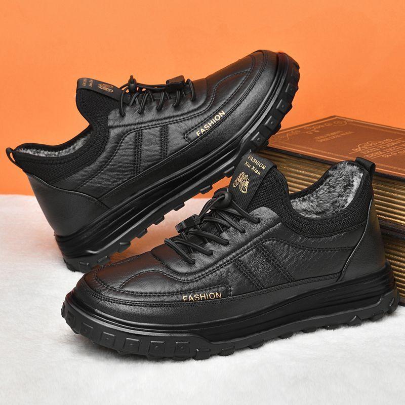 winter new men's velvet warm cotton shoes korean fashion leather thickened pure black sports casual men's shoes Specification drawing
