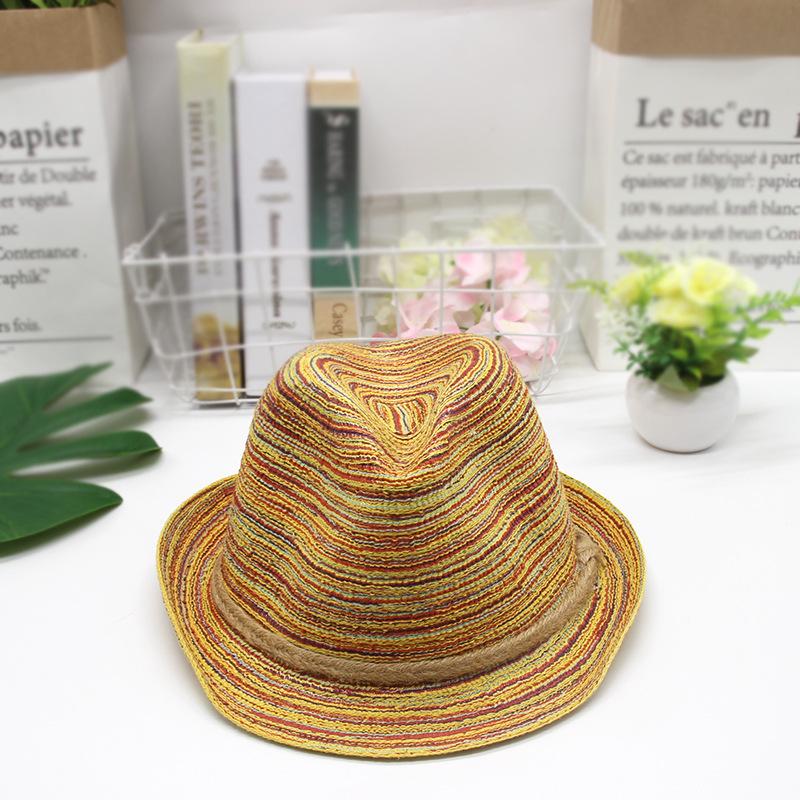 Factory Direct Sales European and American Fashion Ladies Sun Shade Top Hat Colorful Striped Straw Woven British Ladies Casual Bowler Hat