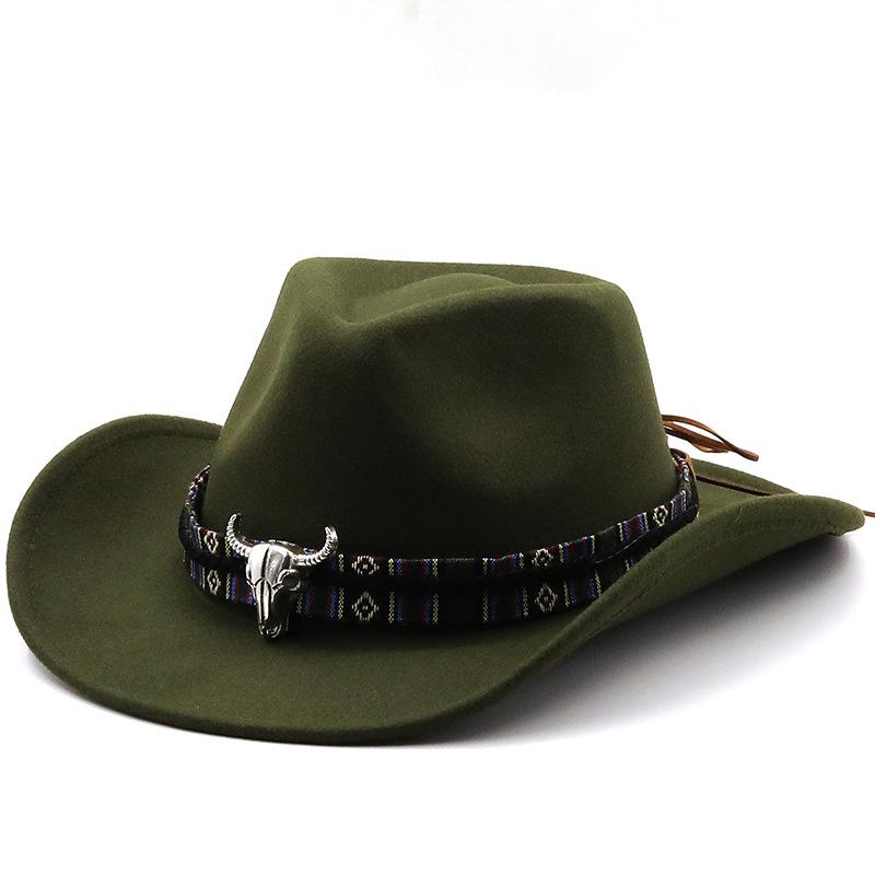 Cross-Border Hot Selling Cow Head West Cowboy Hat Woolen Jazz Top Hat Men Ladies' National Style Autumn and Winter Felt Cap Broad-Brimmed Hat