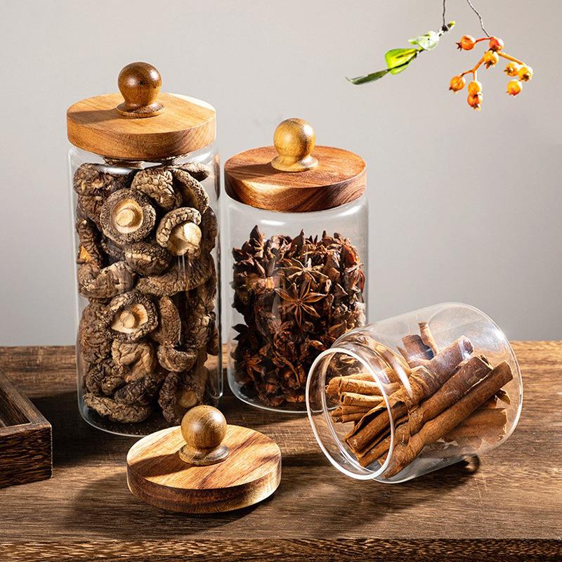 chinese style wooden lid glass jar dustproof sealed tank borosilicate glass storage tank cooking spices new moisture-proof storage tank