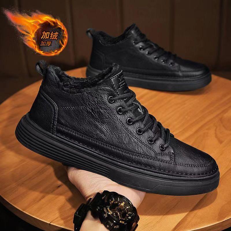 winter men's shoes fleece-lined chef shoes men's korean-style versatile non-slip black leather shoes casual thickening insulated cotton-padded shoes men's