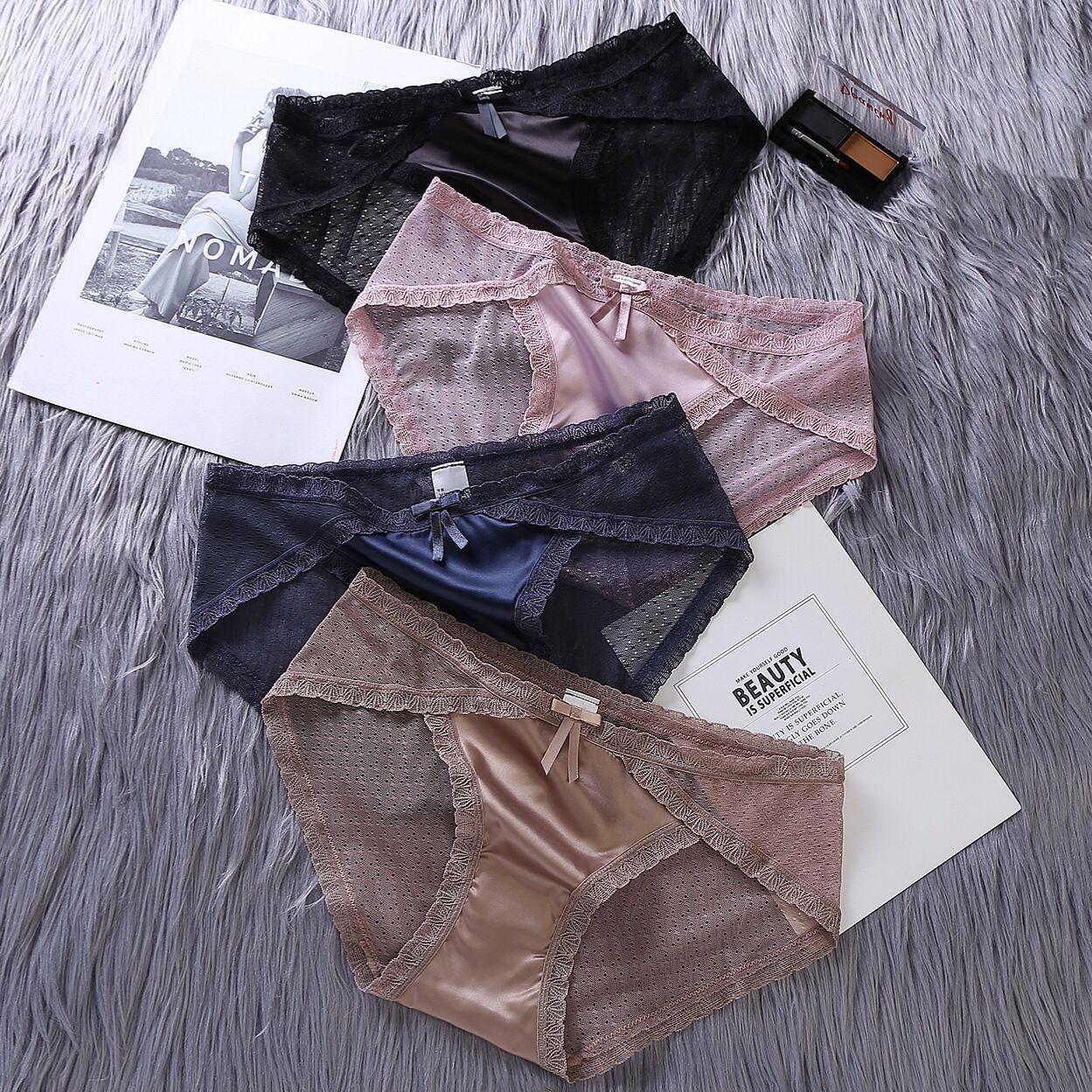 mesh seamless underwear women sexy thin satin breathable lace bow ice silk mid-waist cotton briefs