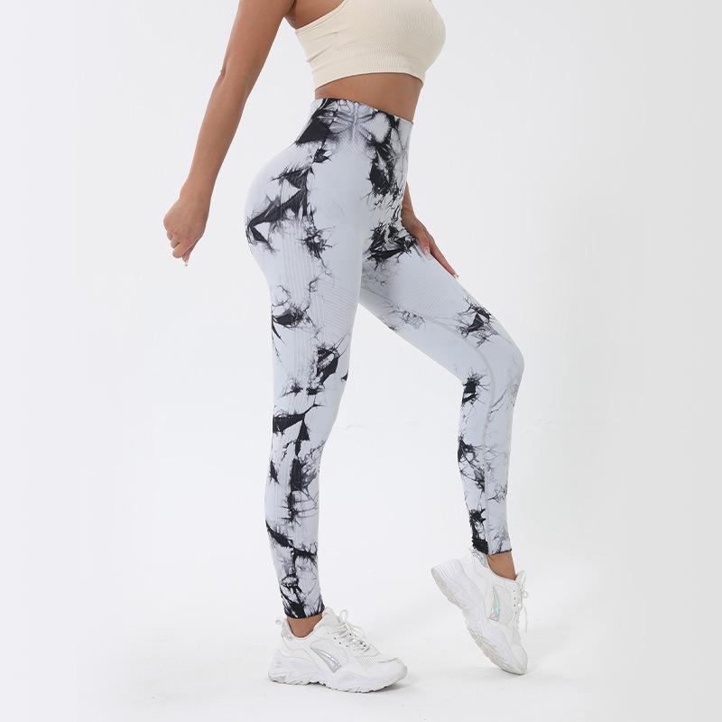 european and american exercise workout pants women's tie-dye seamless high waist tight yoga trousers peach fitness quick-drying fitness exercise