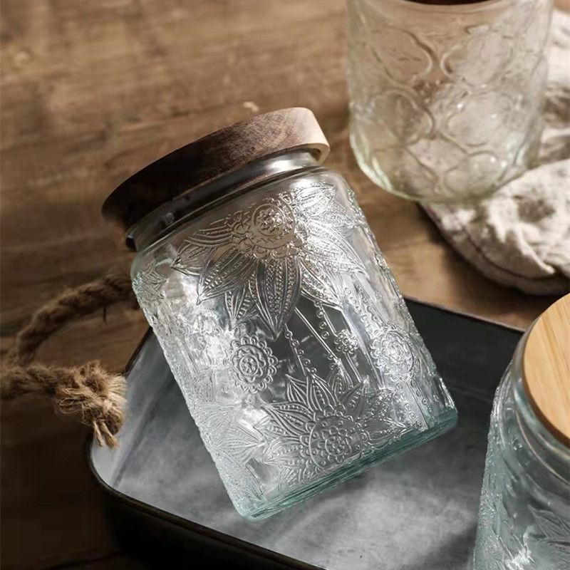 Glass Sealed Can Vintage Begonia Pattern Food Grade Glass Jar Snack Nut Honey Storage Jar