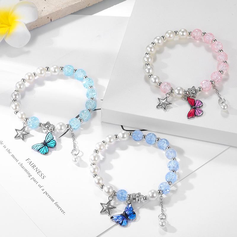 New Elegant Girlfriends Pearl Craed Cystal Bracelet Special-Interest Design Japanese and Korean Blue Bow Bracelet Cross-Border Sold Jewelry