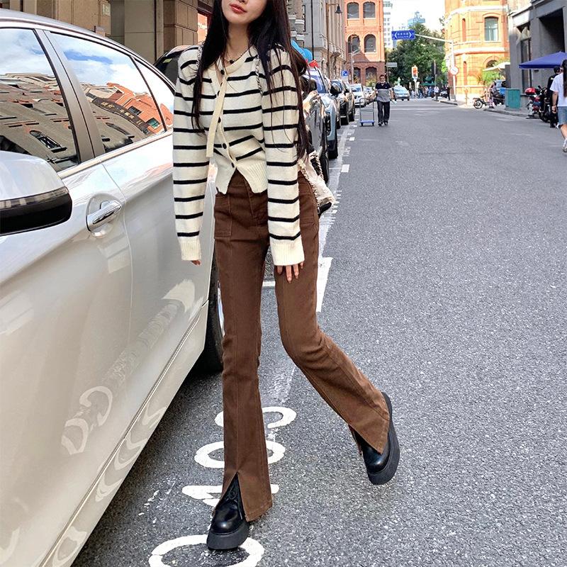 2toyoung Long Leg Queen Super Model Retro High Waist Slit Jeans Women's Brown Tight Bootcut Trousers Winter