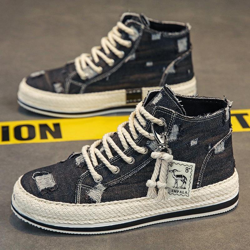 Men's Shoes High-Top Canvas Shoes Men's Straw Skate Shoes Student 2023 Autumn New Leisure Sports Shoes Men's