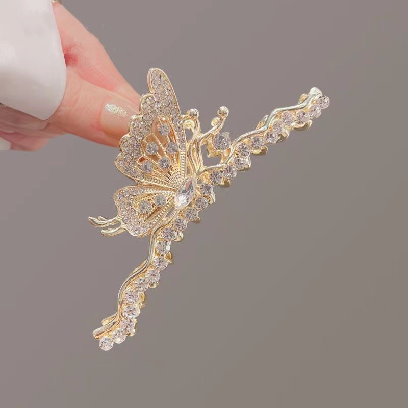 High-end, light luxury pearl water diamond butterfly grabber, women's back head plate hair clip, large shark clip headwear hair clip detail image 3
