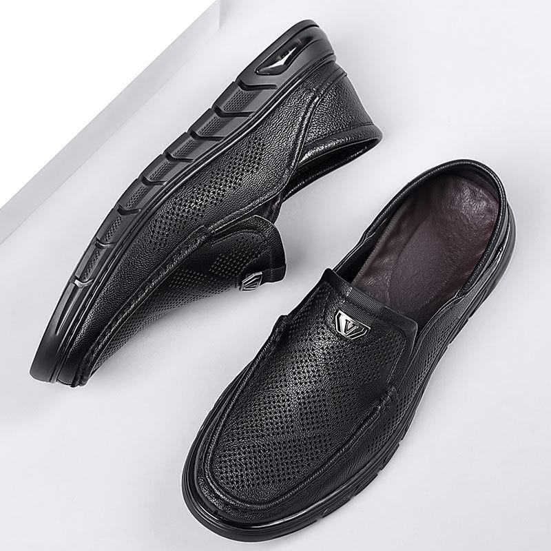 summer men's shoes slip-on sheepskin hollow-out breathable shoes men's casual leather shoes men's leather soft bottom hole shoes driving details Picture
