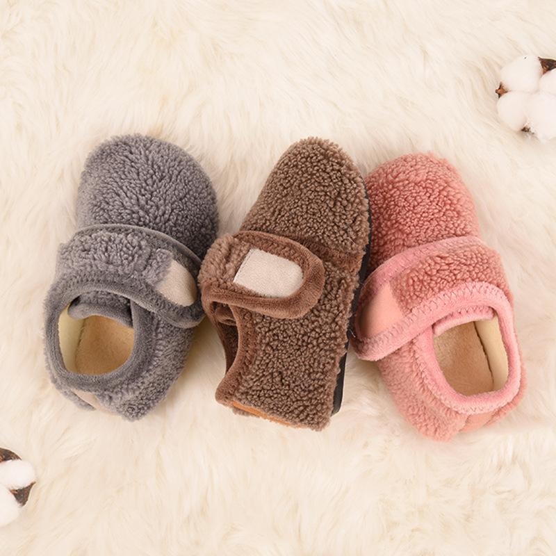 baby indoor room socks non-slip soft bottom autumn and winter children's men's and women's fleece-lined velcro warm toddler sock shoes details Picture