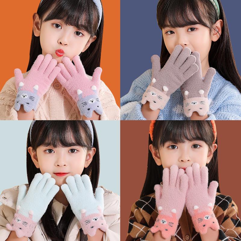 Autumn and Winter Student Children's Gloves Warm-Keeping and Cold-Proof 5-12 Years Old Girl Middle Child Five Finger Cat Knitted Knitting Wool Gloves