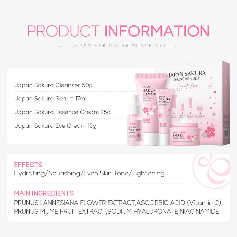 cross-border laikou japanese cherry blossoms skin care product set 4-piece cleansing essence eye cream face cream factory wholesale details Picture