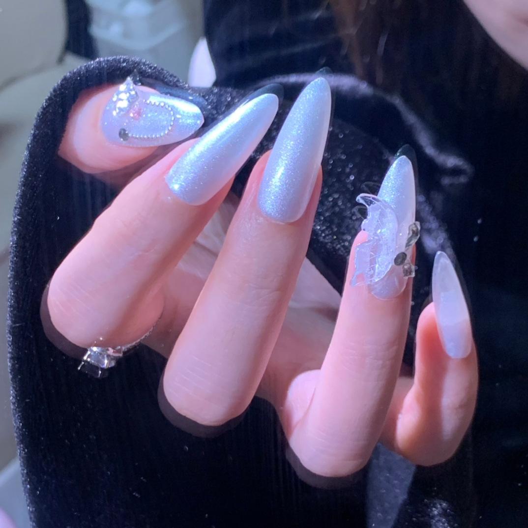Handmade Wear Armor Drop Shape Mid-Length French High-Grade Flash Highlight Powder 2023 New Fake Nails