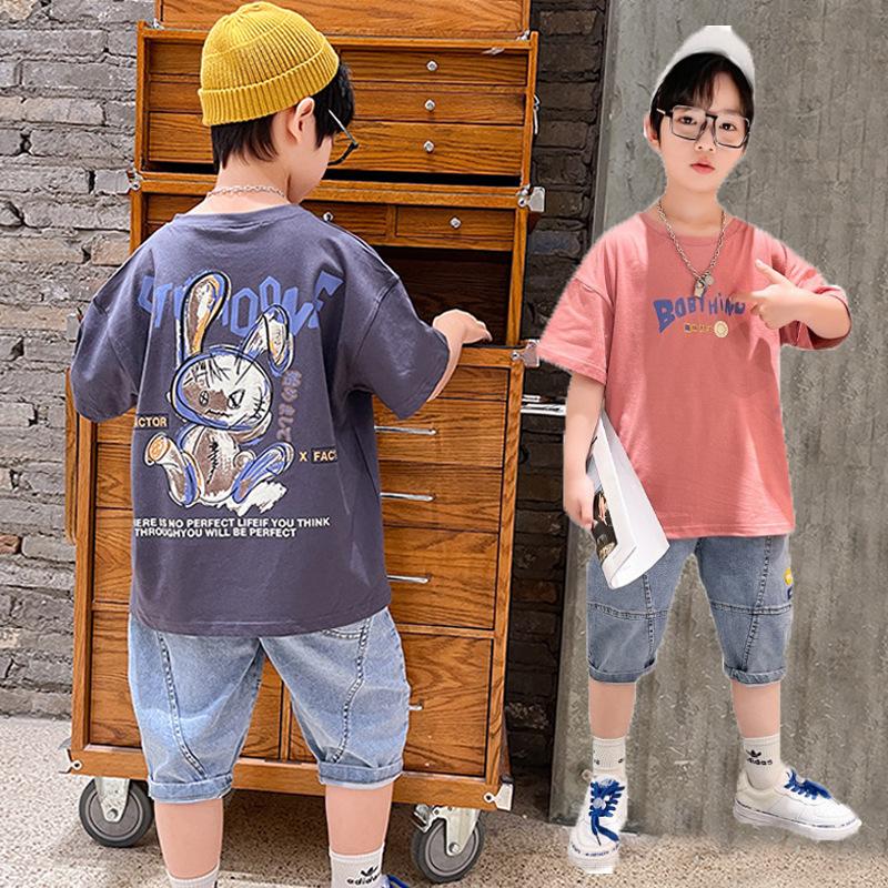 trendy children's clothing boys summer suit 2024 summer handsome cool children's pink short sleeve denim two-piece suit children clothes