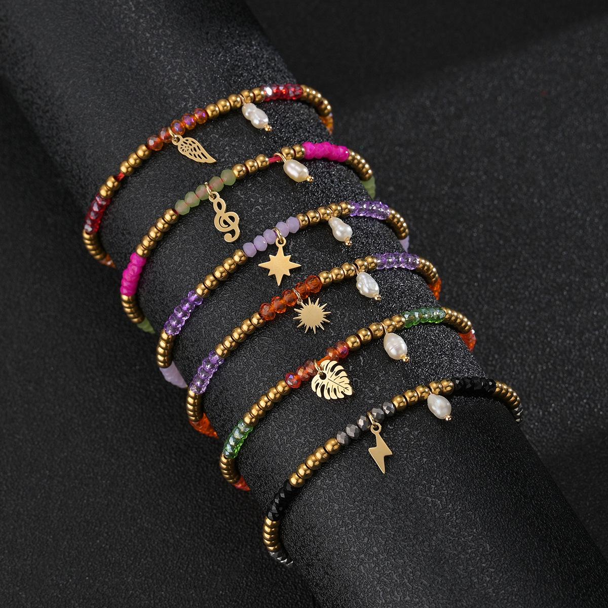 cross-border hot m beads pendant bracelet fashion simple color crystal beads bracelet feather pearl pendant bracelet