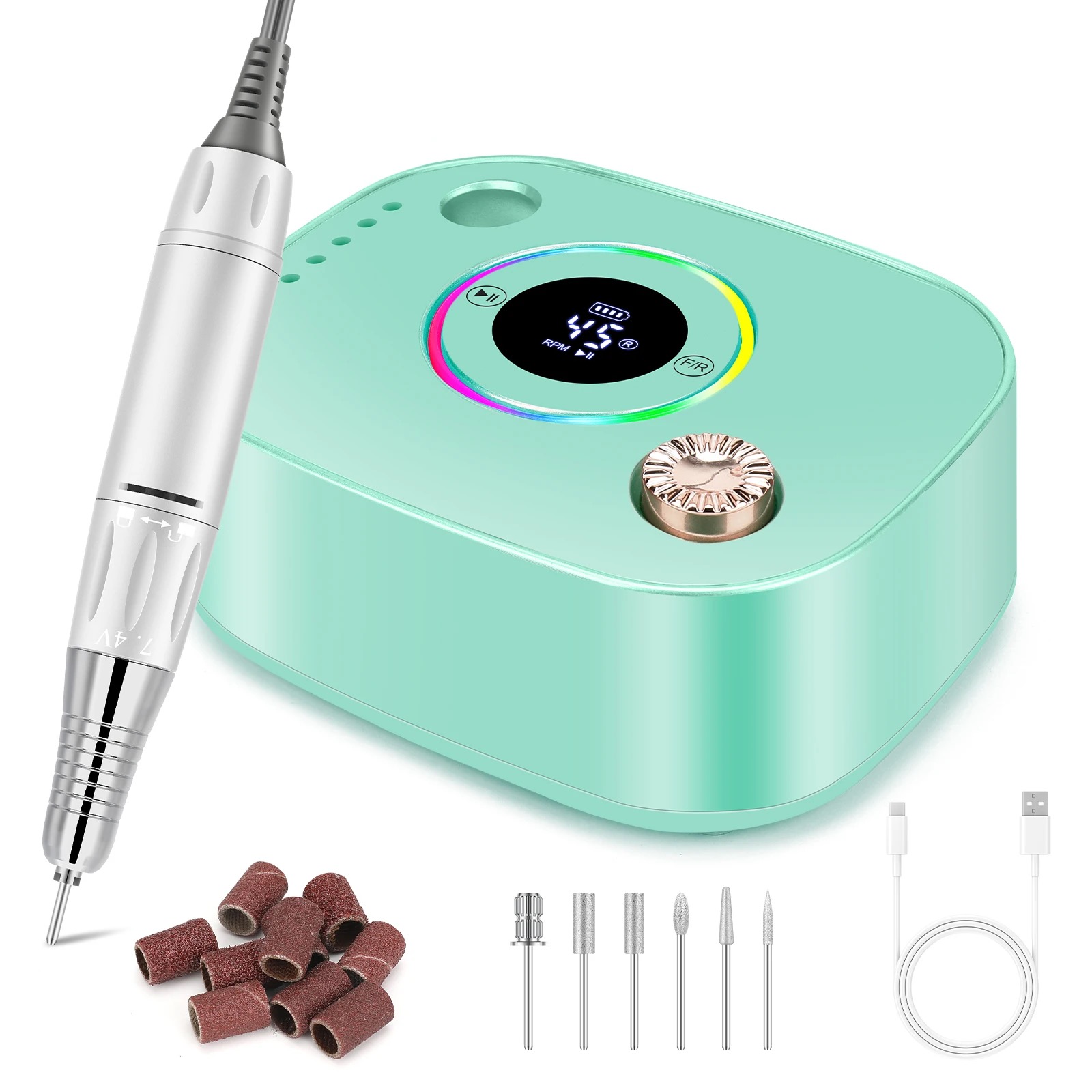 2024 New cross-border exclusive 45,000 RPM battery-powered nail polish machine with colorful light strips Specification drawing