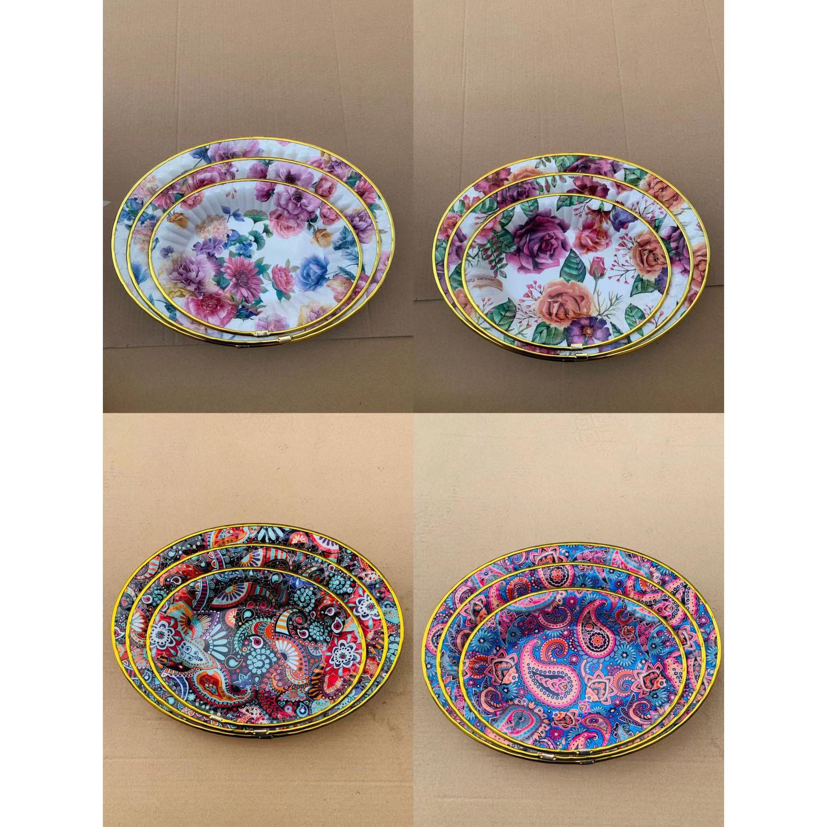 oval fruit plate wholesale new multi-pattern fruit plate package golden edge flower paper plate supply rs-4964