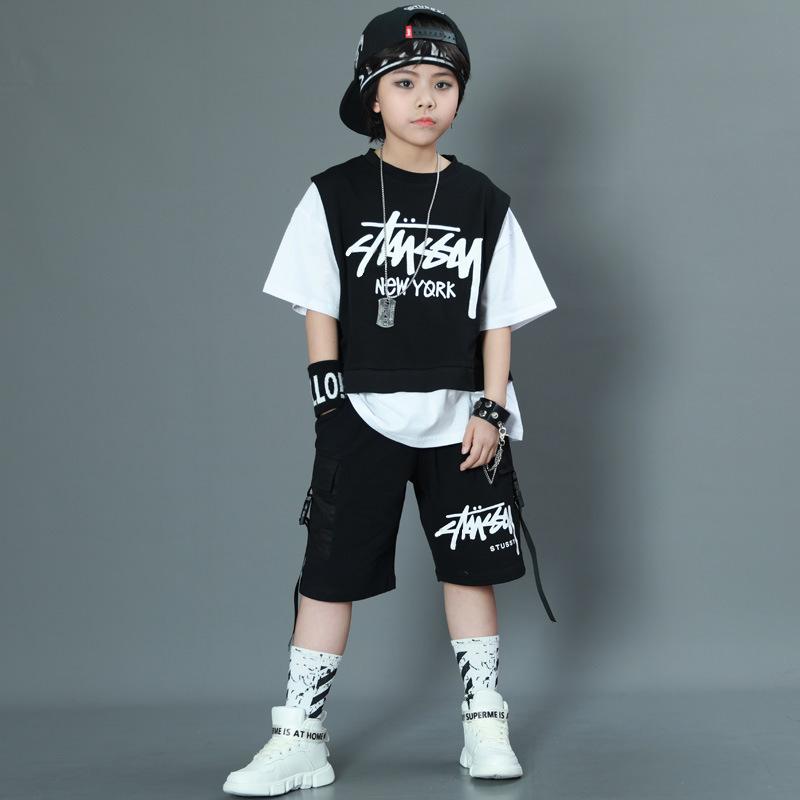 south korea children's clothing boys' short sleeve children's suit summer clothing middle and big children's korean style trendy fake two pieces boys' summer clothes