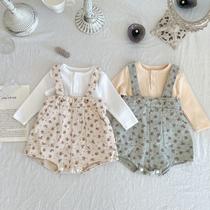 INS South Korea Autumn Clothes Children's Wear Men and Women Baby Washed Soft Denim Overalls Infant Small Floral Suspender Romper.