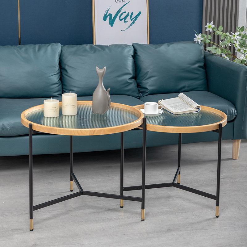 simple oak round tea table explosion-proof tempered glass small table modern iron tea table removable round coffee table